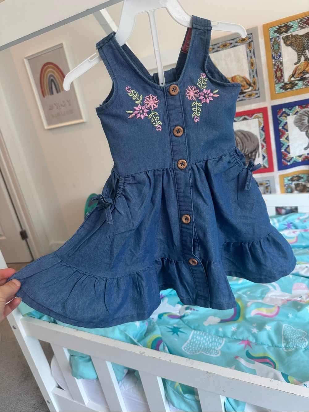 Denim Button-Front Girls' Sundress with Pink Flower Embroidery